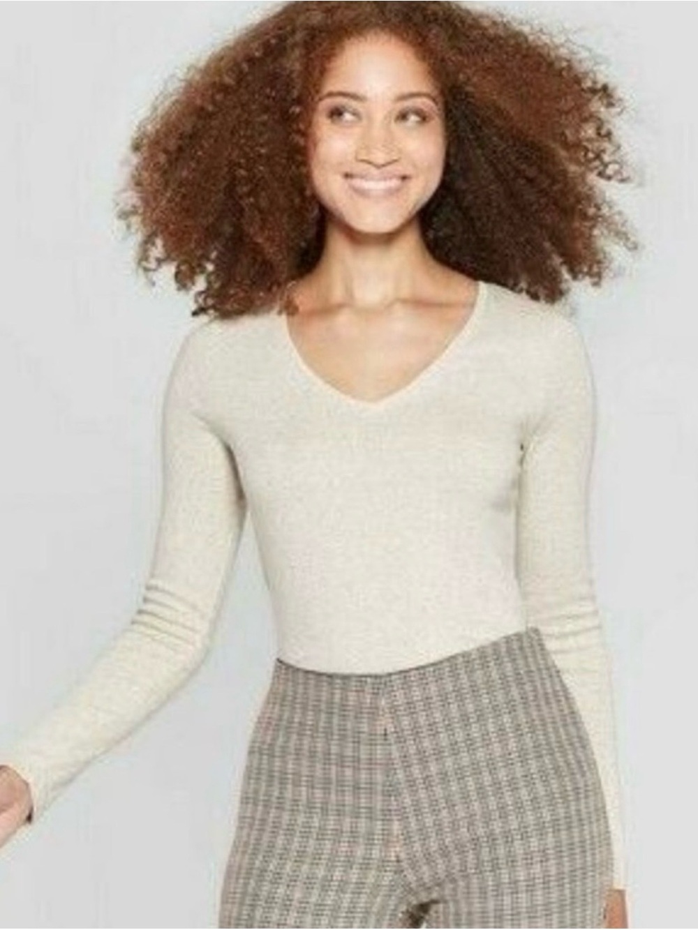 A New Day Oatmeal Beige V Neck Long Sleeve Top Small NEW